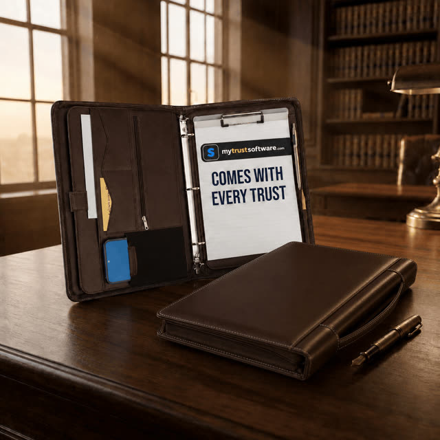 Walnut leather trust binder that comes with every trust