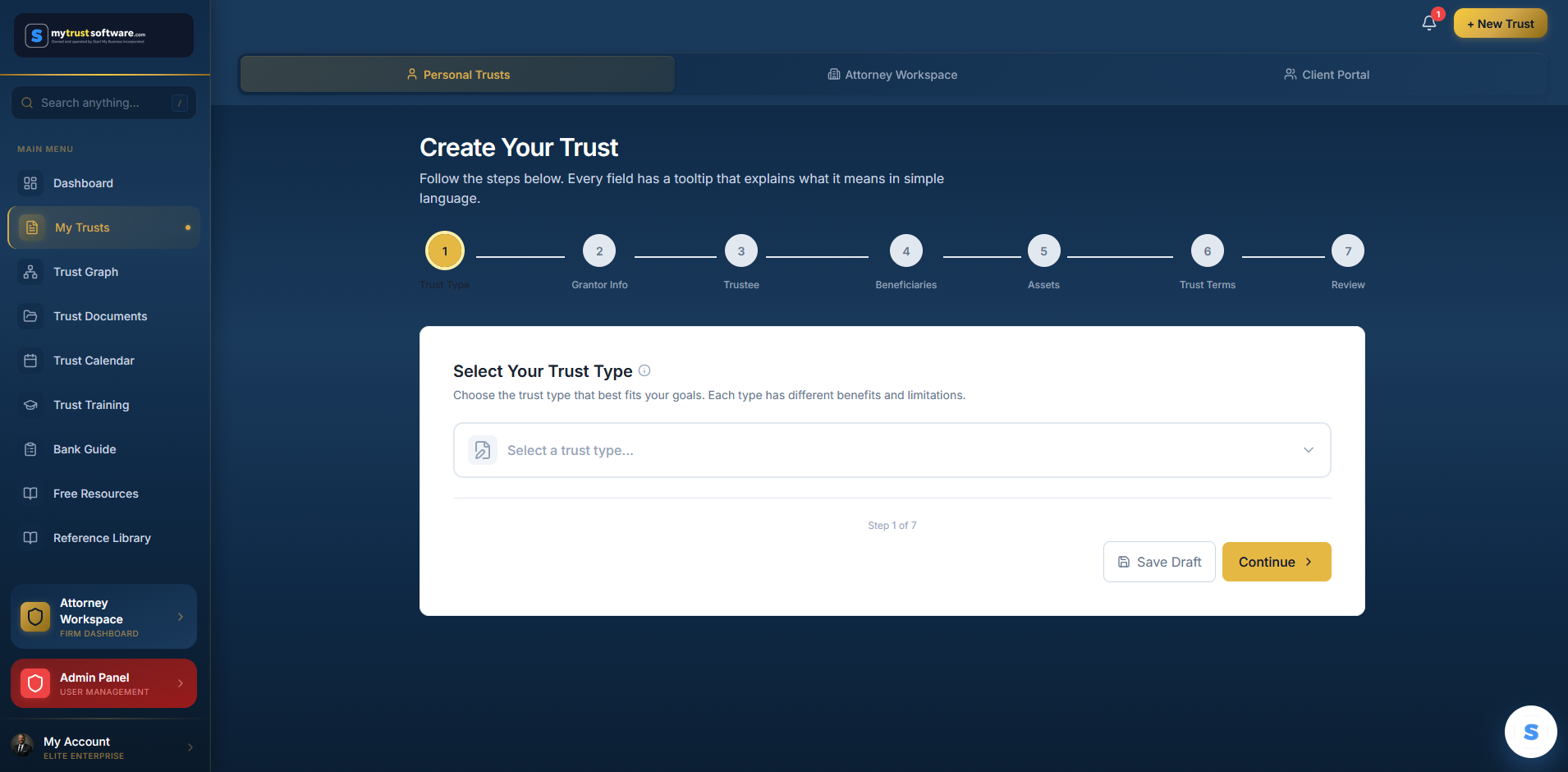 Choose Your Trust Type screen