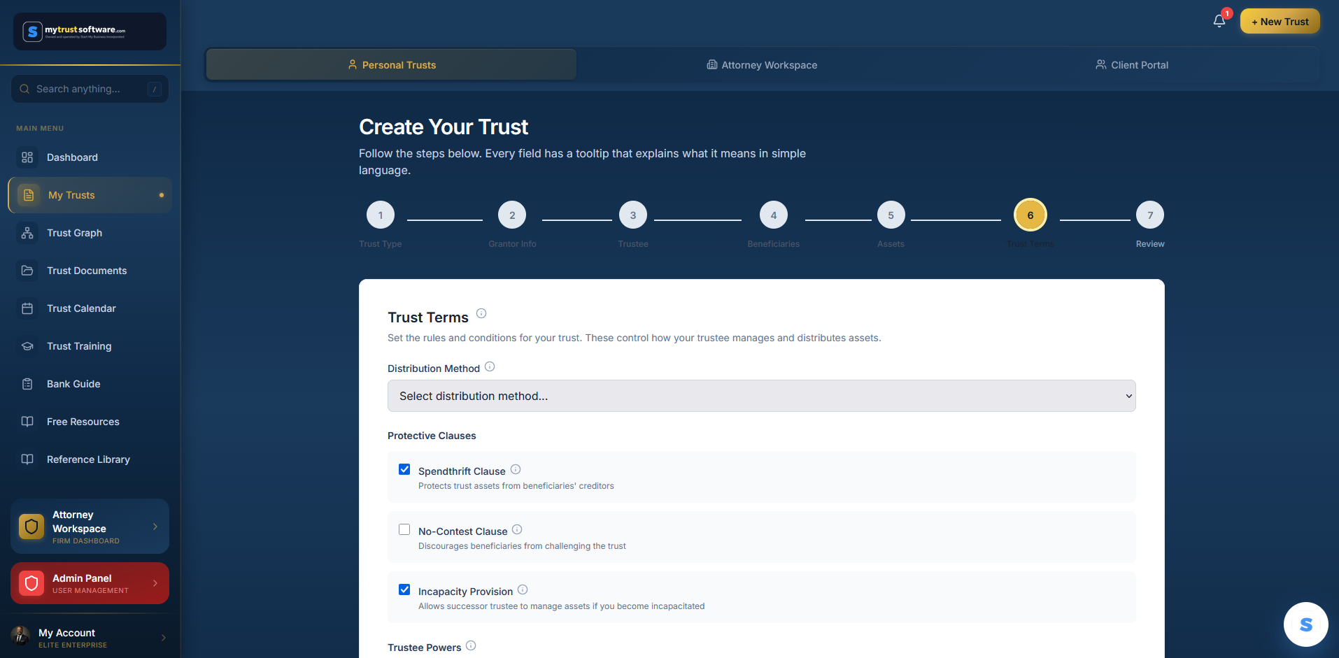 Set Trust Terms screen