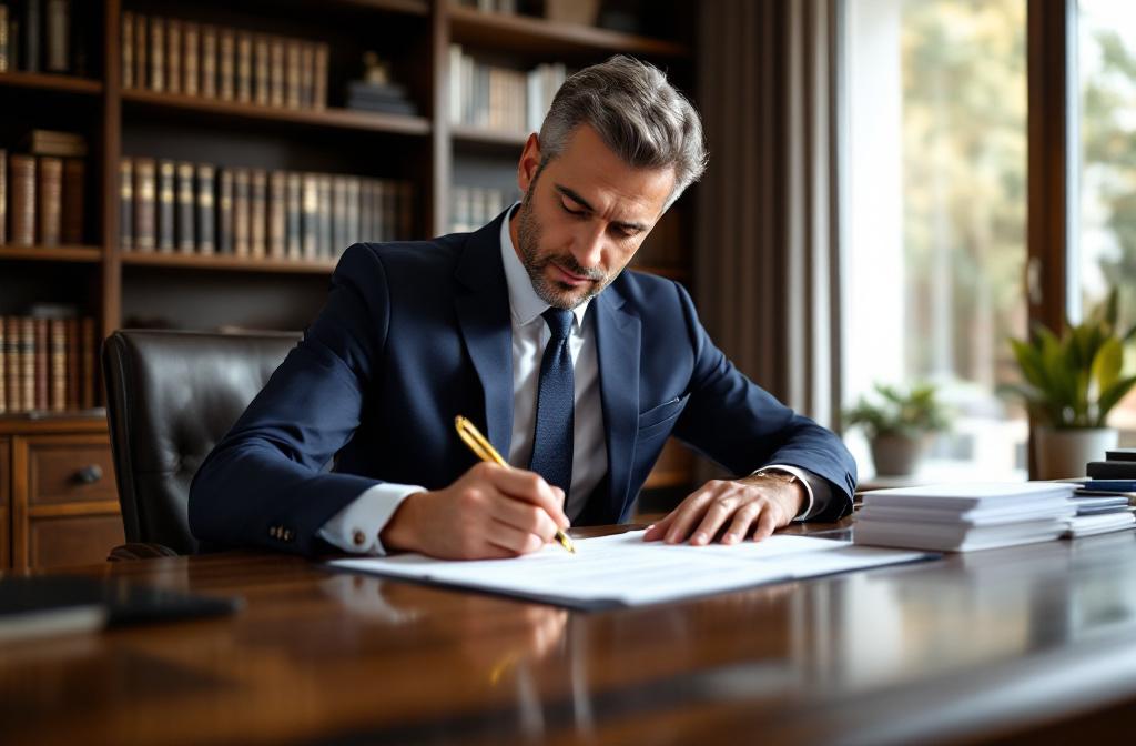 Man signing trust documents with an attorney